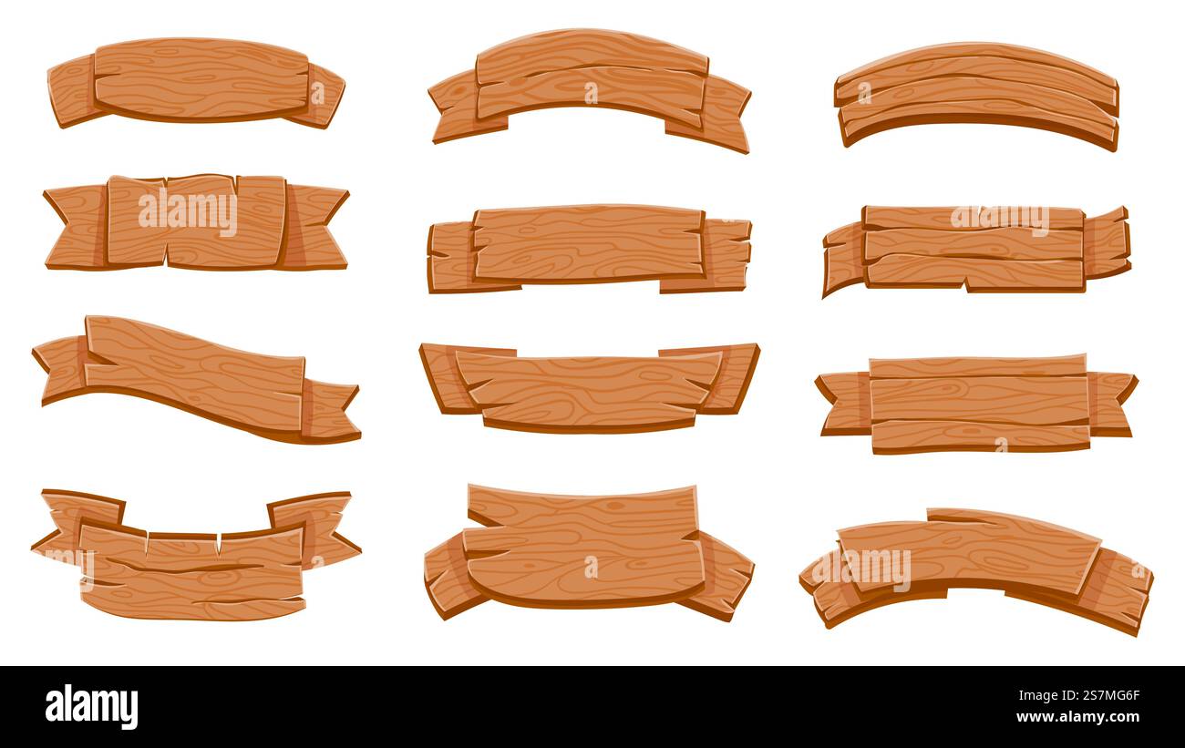Wooden ribbon signboards. Cartoon wood curved banners for game. Textured rustic planks, plywood board labels, blank sign design vector set. Illustration signboard frame made from wood. Wooden ribbon signboards. Cartoon wood curved banners for game. Textured rustic planks, plywood board labels, blank sign design vector set Stock Vector