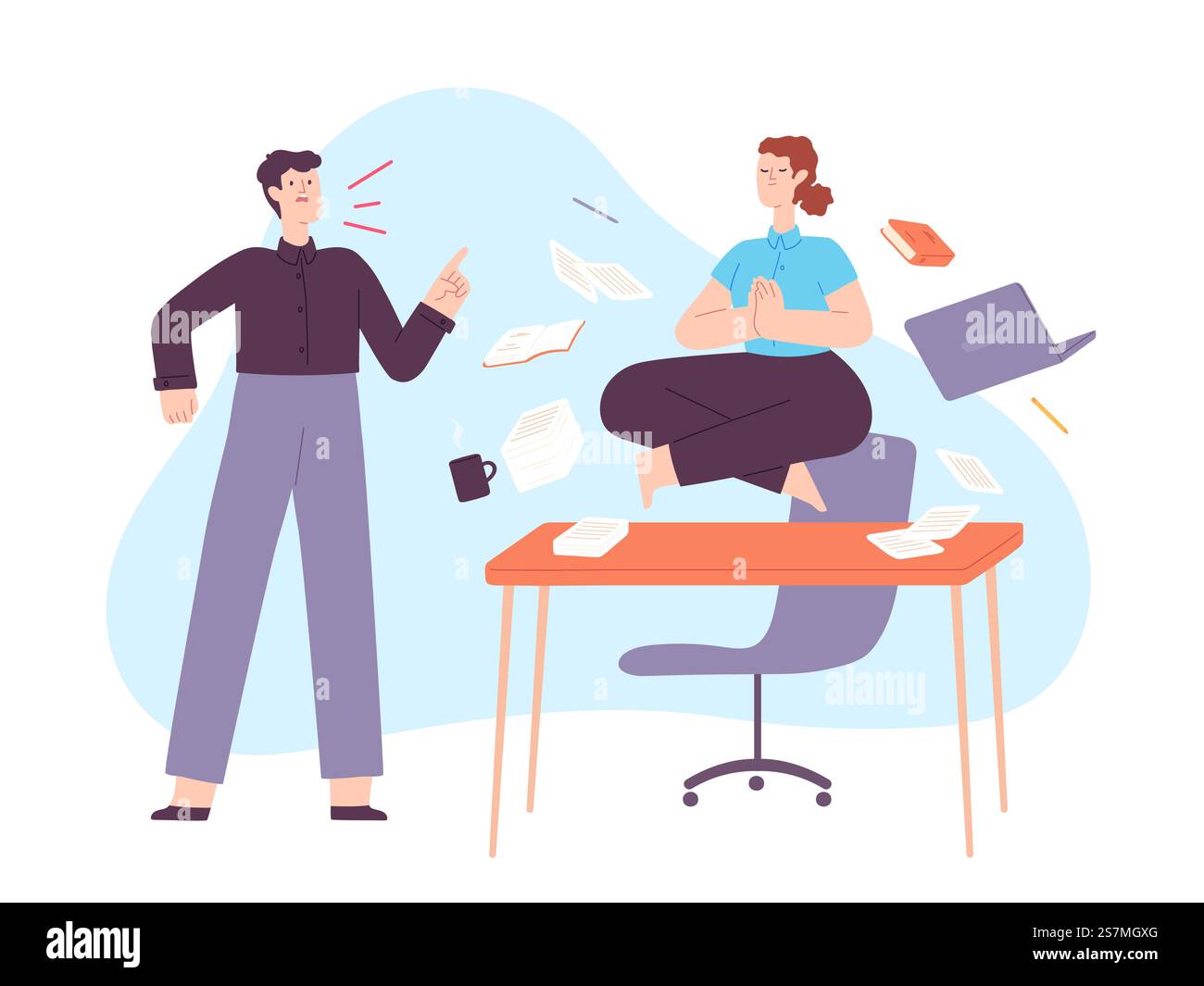 Yoga in office stress. Calm woman meditate in lotus on work desk with ...