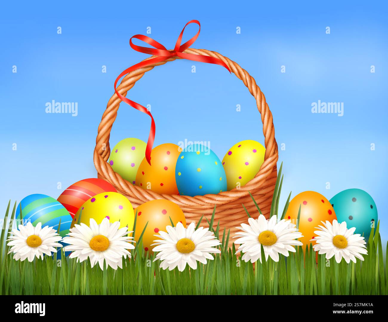 Easter background. Easter eggs and flower with basket in the grass.  Vector Stock Vector