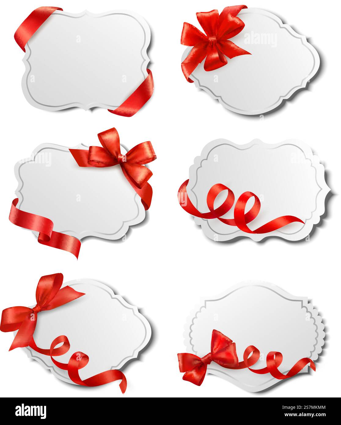 Set of beautiful cards with red gift bows with ribbons Vector Stock ...