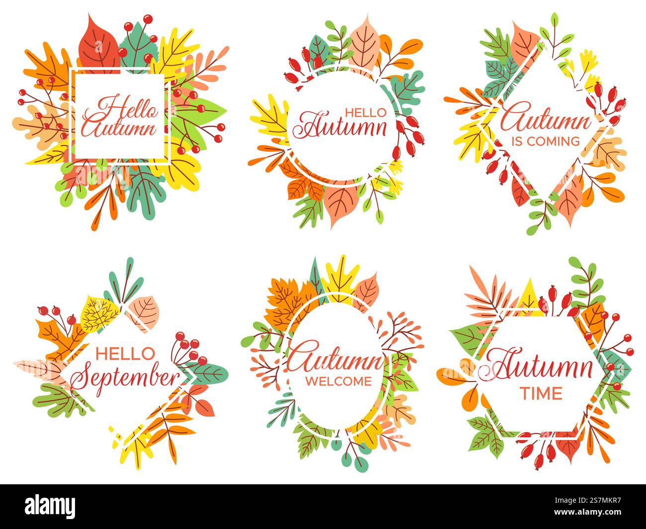 Hello autumn. Welcome September, autumnal fallen leaves frame and yellow leaf lettering. Fall poster, hi autumn quote or september leaves card. Isolated vector illustration icons set. Hello autumn. Welcome September, autumnal fallen leaves frame and yellow leaf lettering vector illustration set Stock Vector