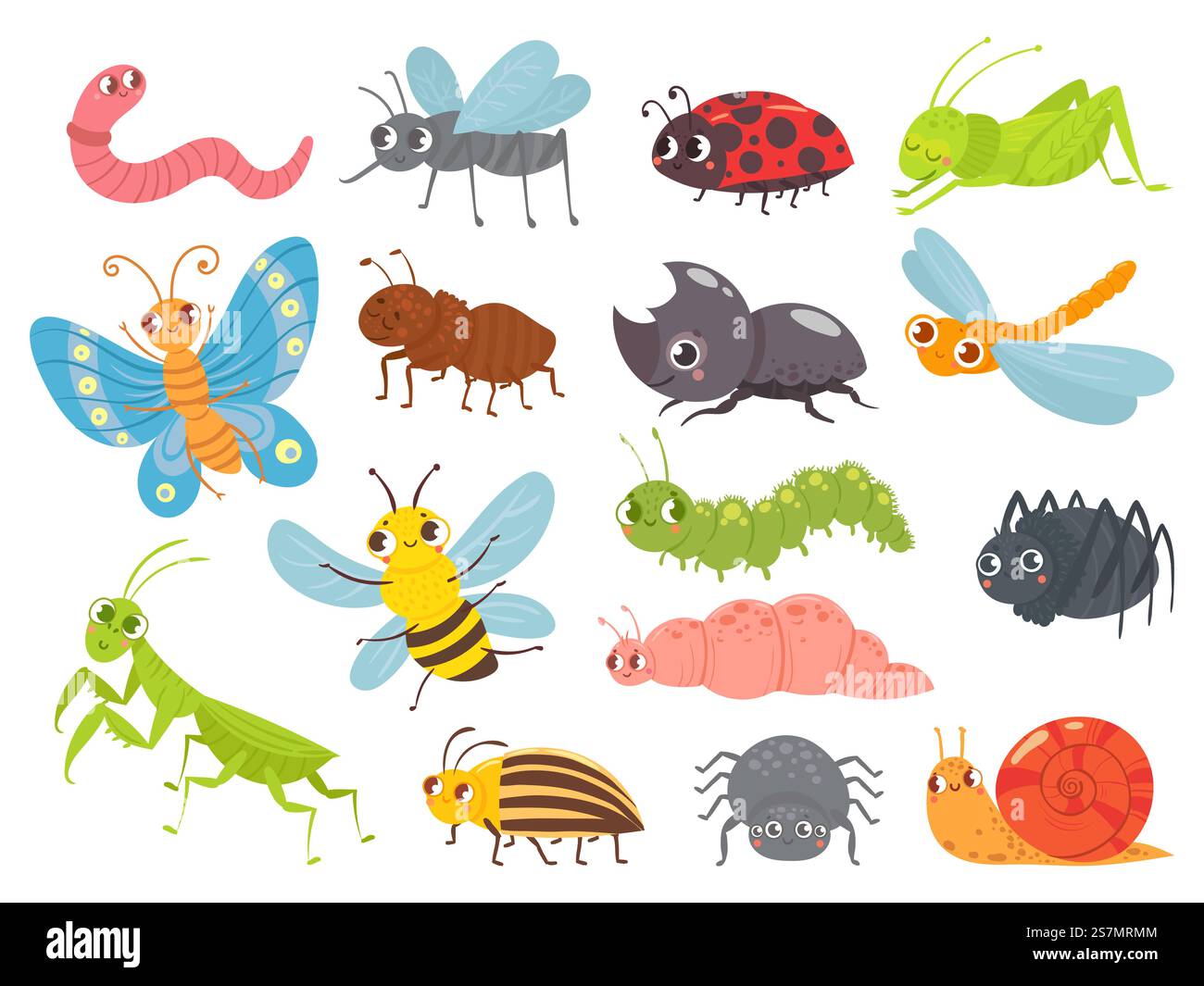 Cute cartoon insects. Funny caterpillar and butterfly, children bugs ...