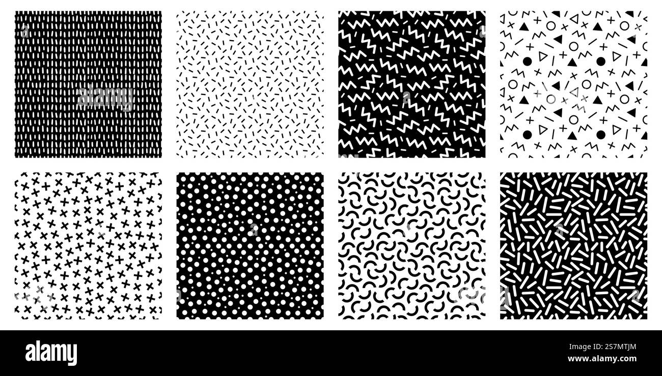 Memphis seamless patterns. Geometric lines and dots texture, black and ...