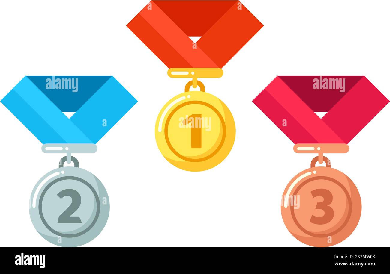 Gold, silver, bronze medals with ribbon. Reward for winner or champion ...