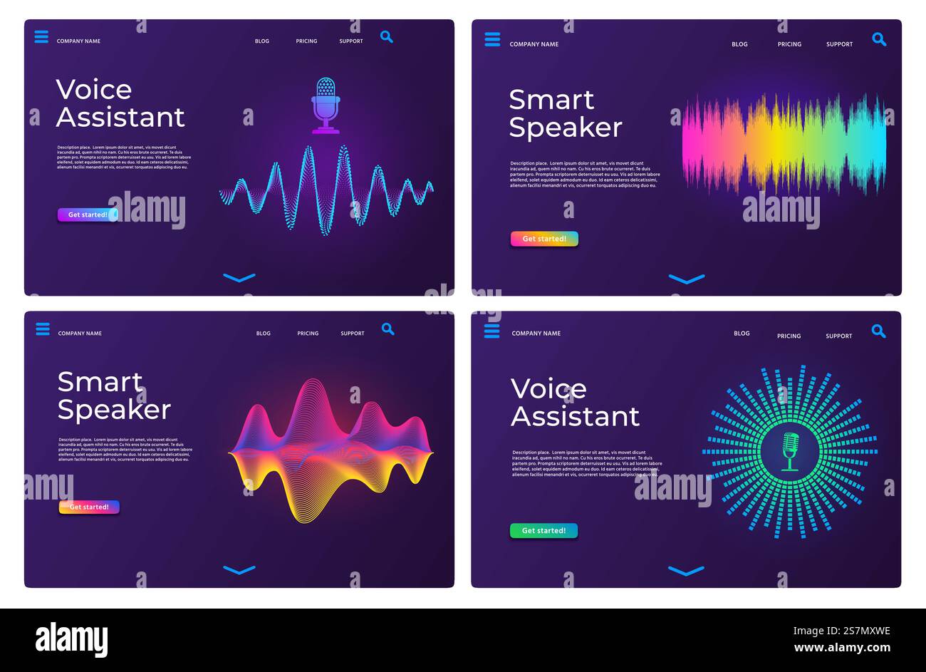 Voice assistant landing pages. Web templates for smart speaker with audio waves and microphone. Online sound recognition app page vector set. Smart voice for application, digital ai illustration. Voice assistant landing pages. Web templates for smart speaker with audio waves and microphone. Online sound recognition app page vector set Stock Vector