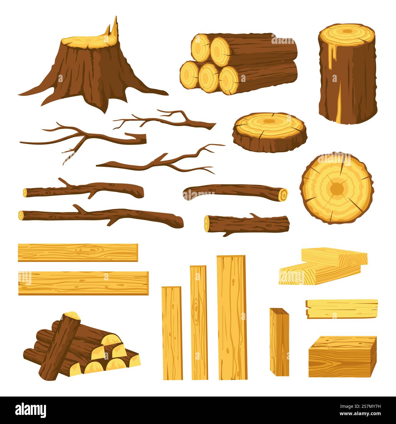 Wood trunks and planks. Raw materials for lumber industry, logs, stumps, tree stubs with bark and wooden bars. Cartoon firewood vector set isolated on white. Carpentry concept, pieces of wood. Wood trunks and planks. Raw materials for lumber industry, logs, stumps, tree stubs with bark and wooden bars. Cartoon firewood vector set Stock Vector