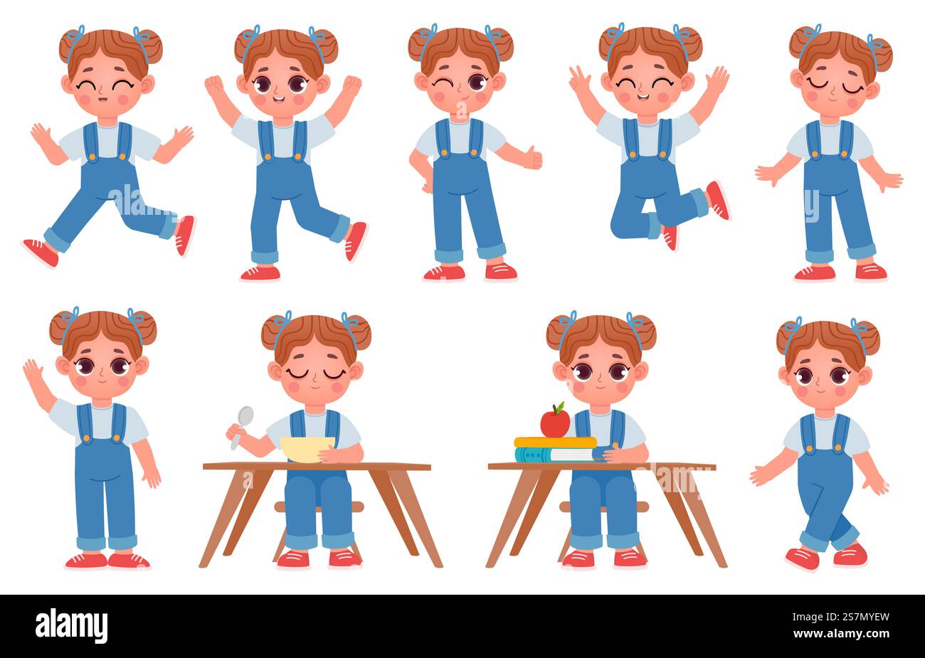 Cartoon little kid girl character poses and expressions. School child ...