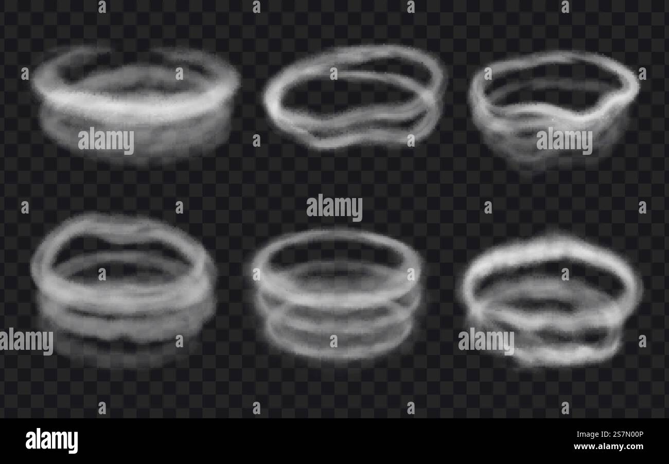 Realistic wind, steam or smoke circles, swirls and rings. Round shaped ...
