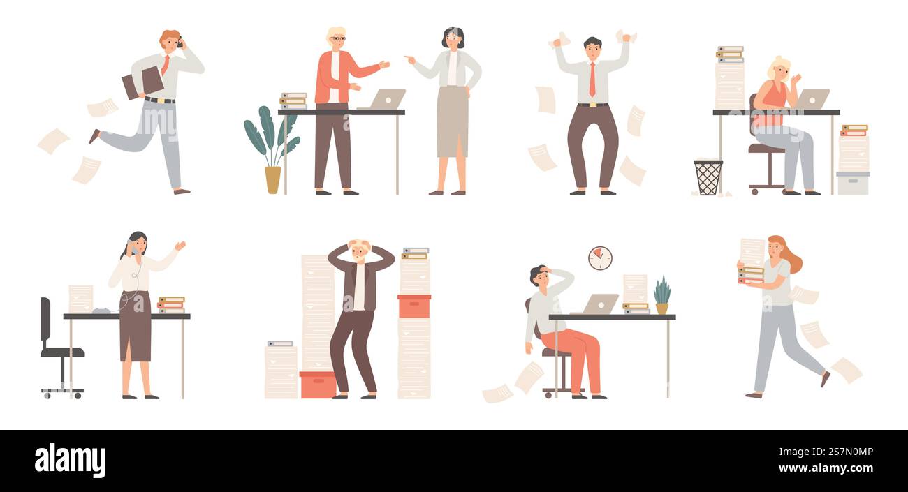 Stressed business people. Busy office workers, angry boss in panic and ...