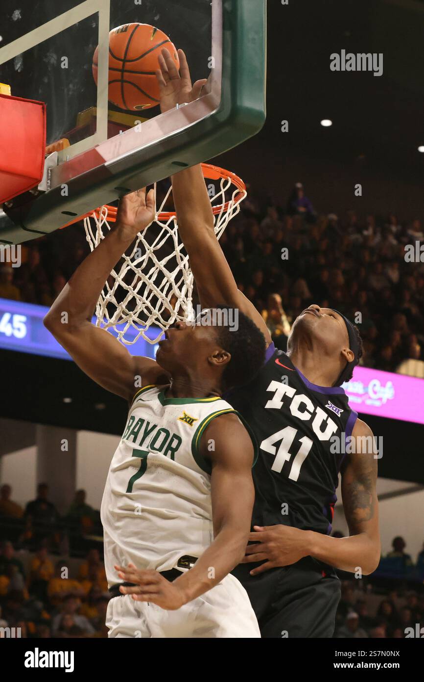 Baylor guard VJ (7) is fouled by TCU guard Jace Posey (41) as