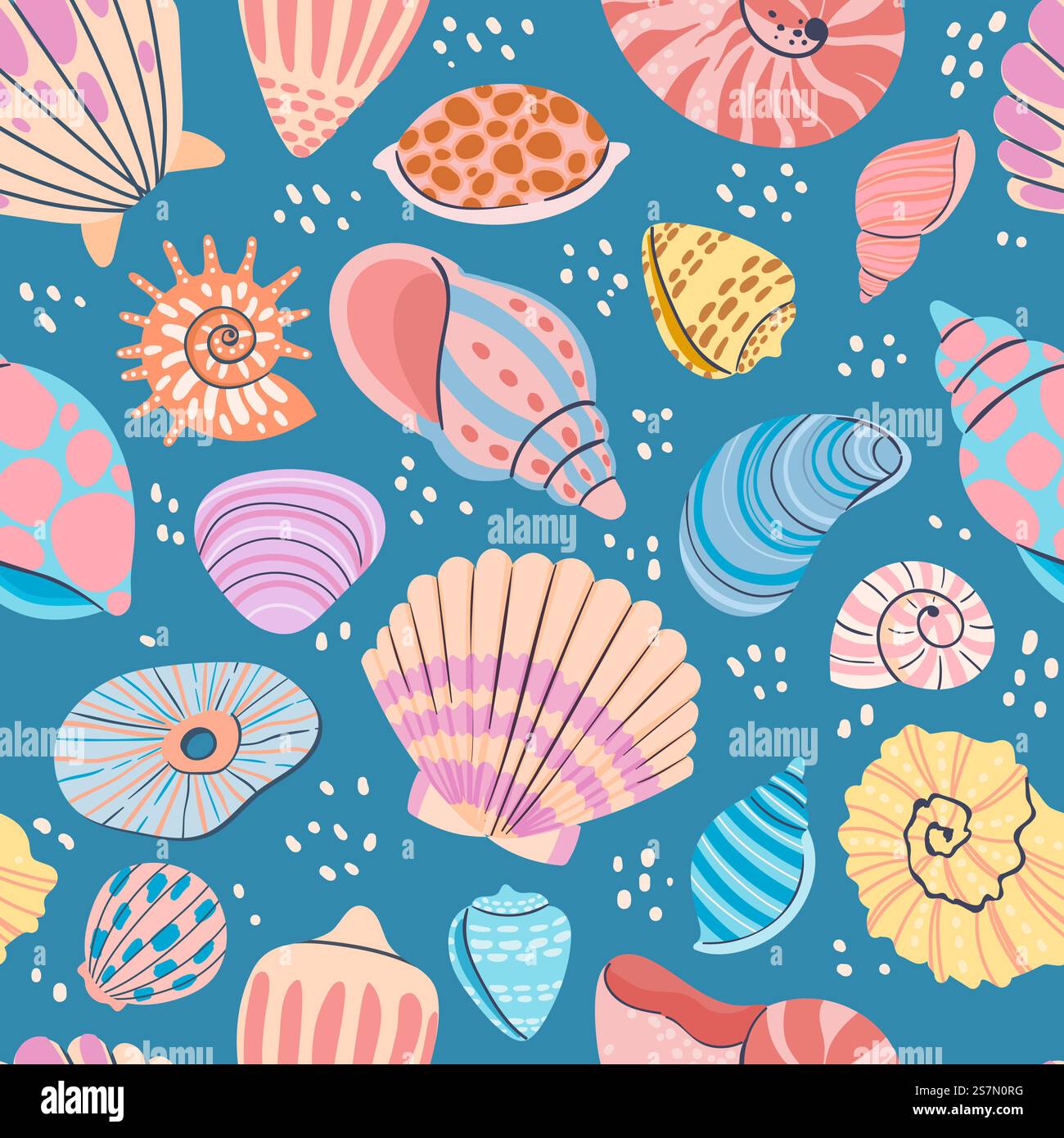 Seashell seamless pattern. Summer ocean print with clam shells, oysters ...