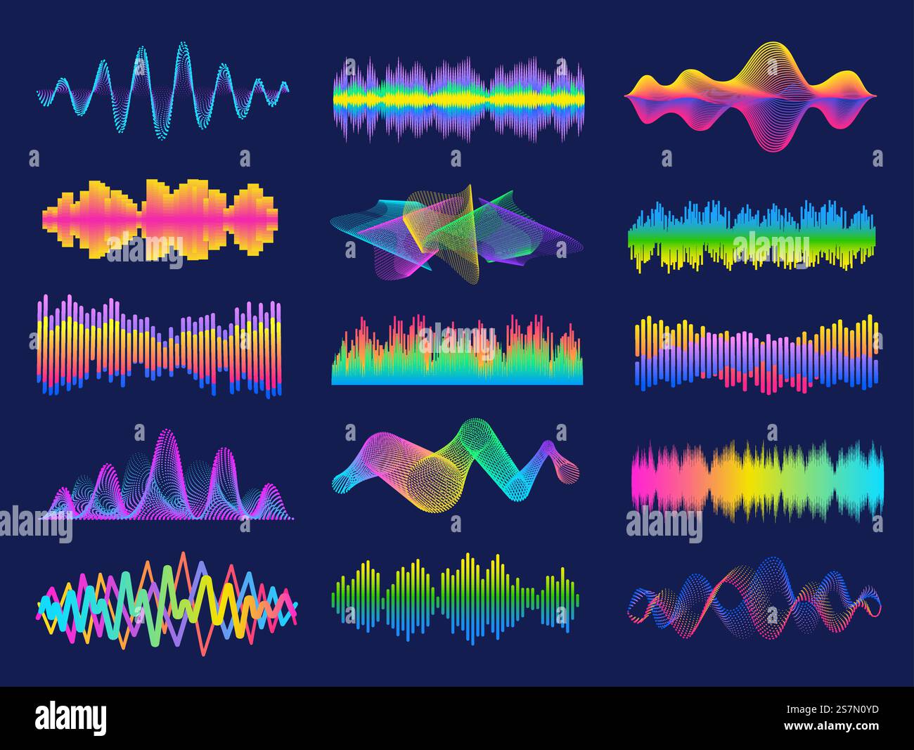 Audio frequency. Neon music sound waves for radio equalizer. Voice recognition for digital assistant. Volume graph line designs vector set. Analog and digital audio signal, bar motion. Audio frequency. Neon music sound waves for radio equalizer. Voice recognition for digital assistant. Volume graph line designs vector set Stock Vector