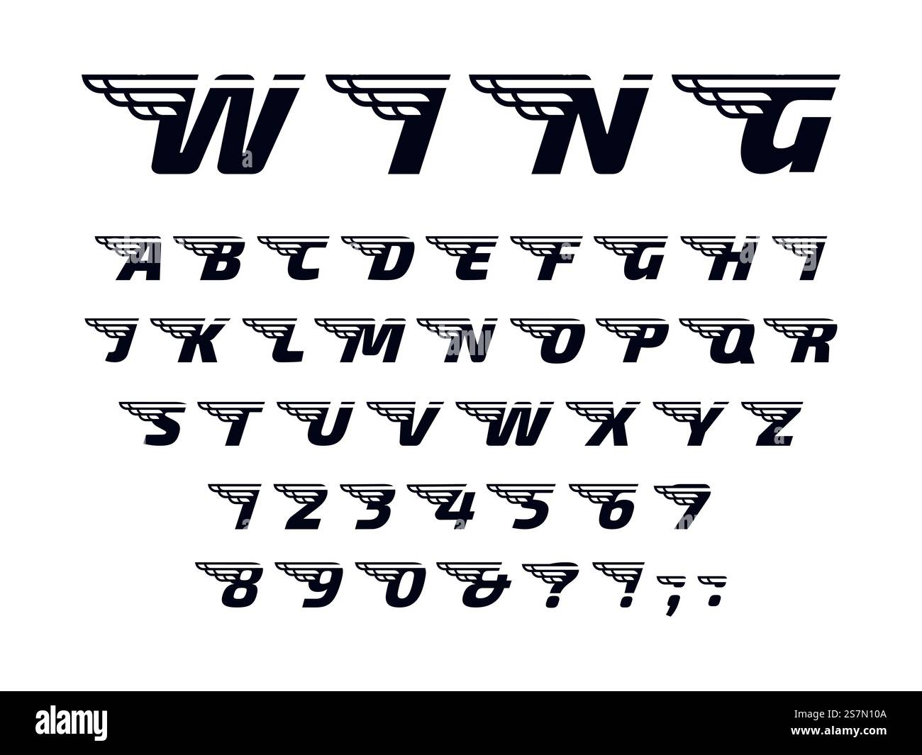 Winged font. Letters with wings, flying alphabet and powerful sport ...