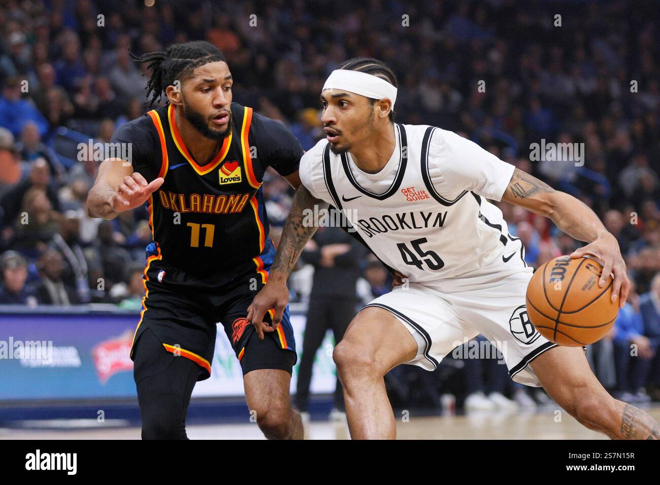 Brooklyn Nets guard Keon Johnson (45) drives against Oklahoma City ...