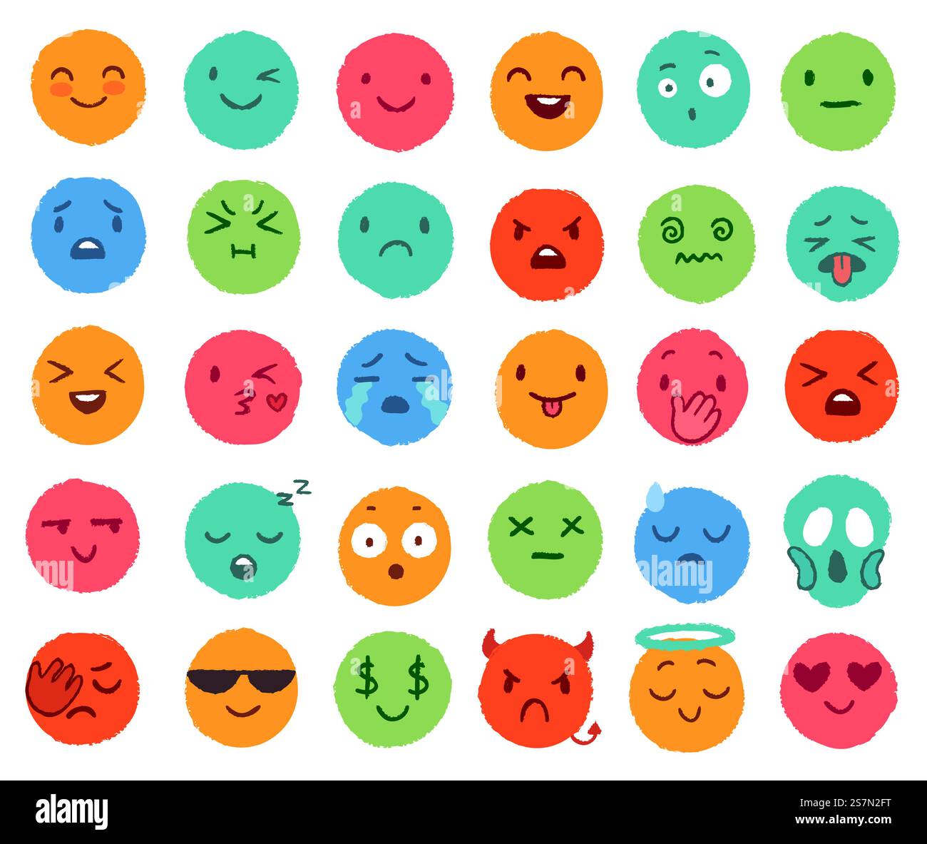 Hand drawn color emoji. Colorful doodle faces, happy emoticon and ...