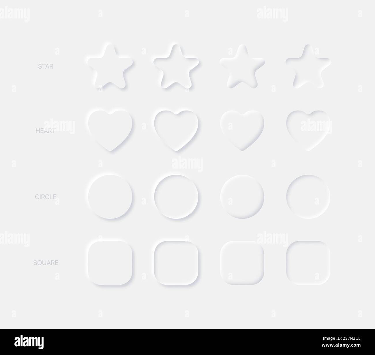 Light Neumorphic Vector Design Elements Rounded Star Heart Circle Square In Different Variations On Light Background Stock Vector