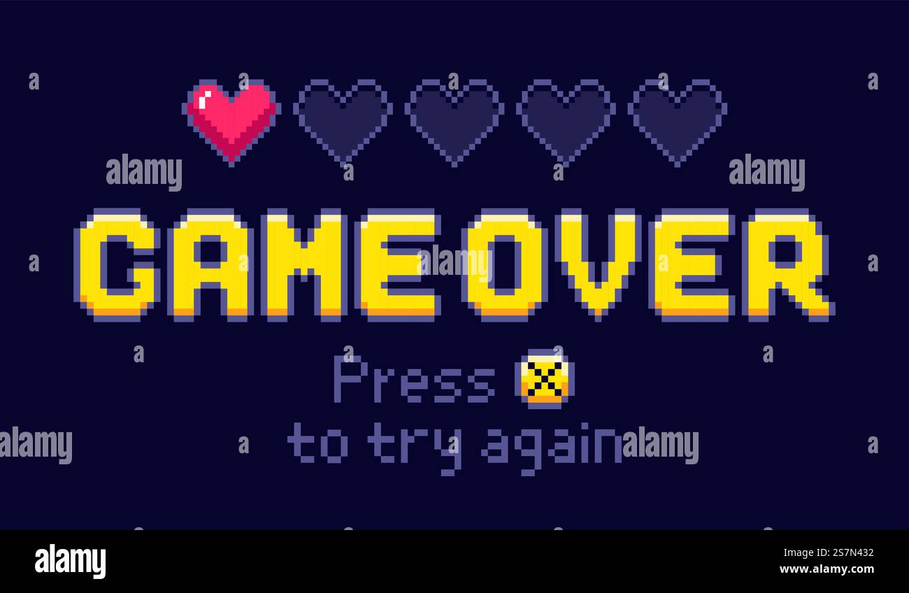 Game over screen. Pixel retro games, try again and 8bit gaming last life. Gamer playing entertainment pixel arcade, game over or pixelated videogaming arcades life and death vector illustration. Game over screen. Pixel retro games, try again and 8bit gaming last life vector illustration Stock Vector