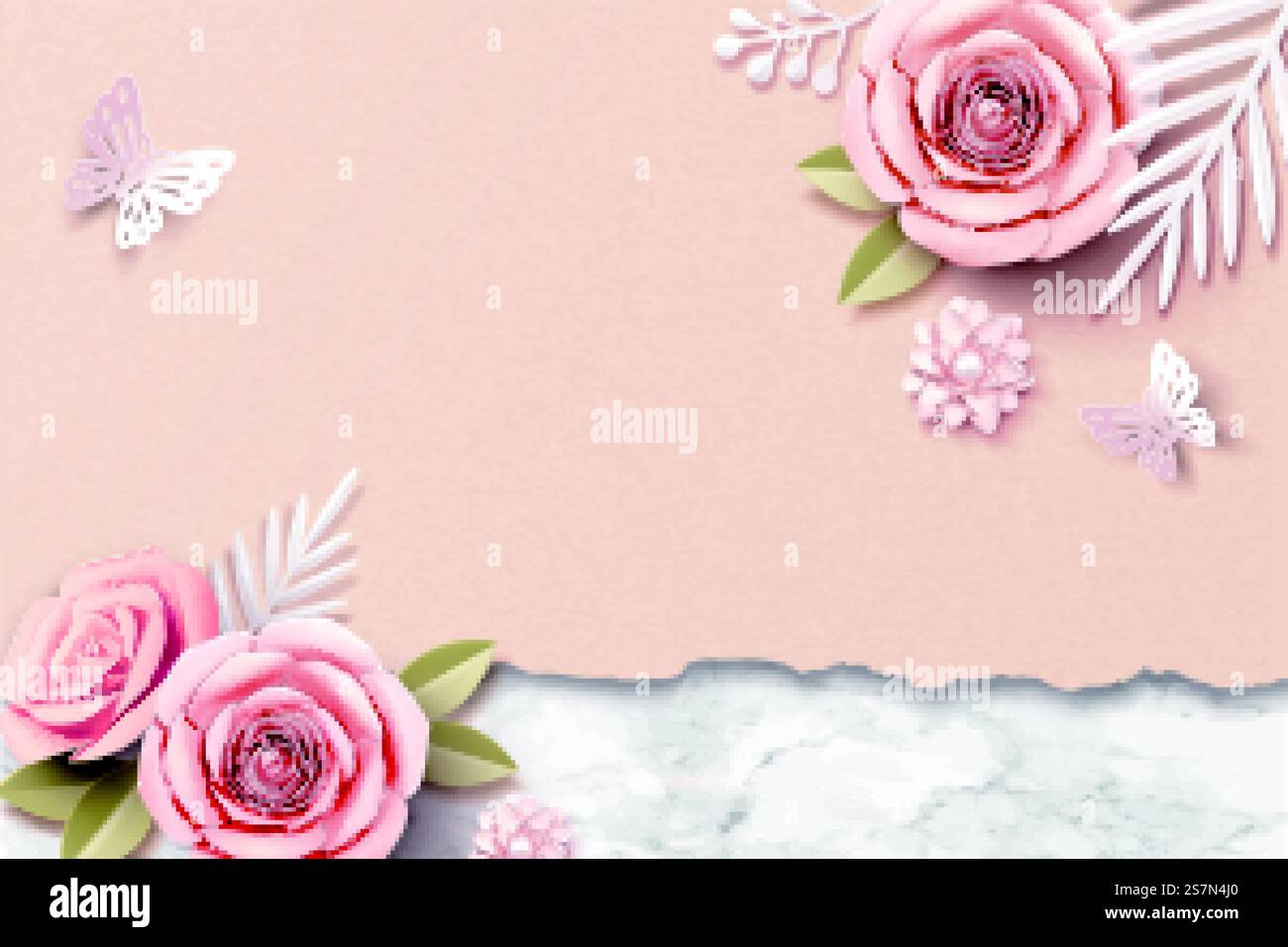 Paper roses on marble stone and kraft paper background in 3d ...