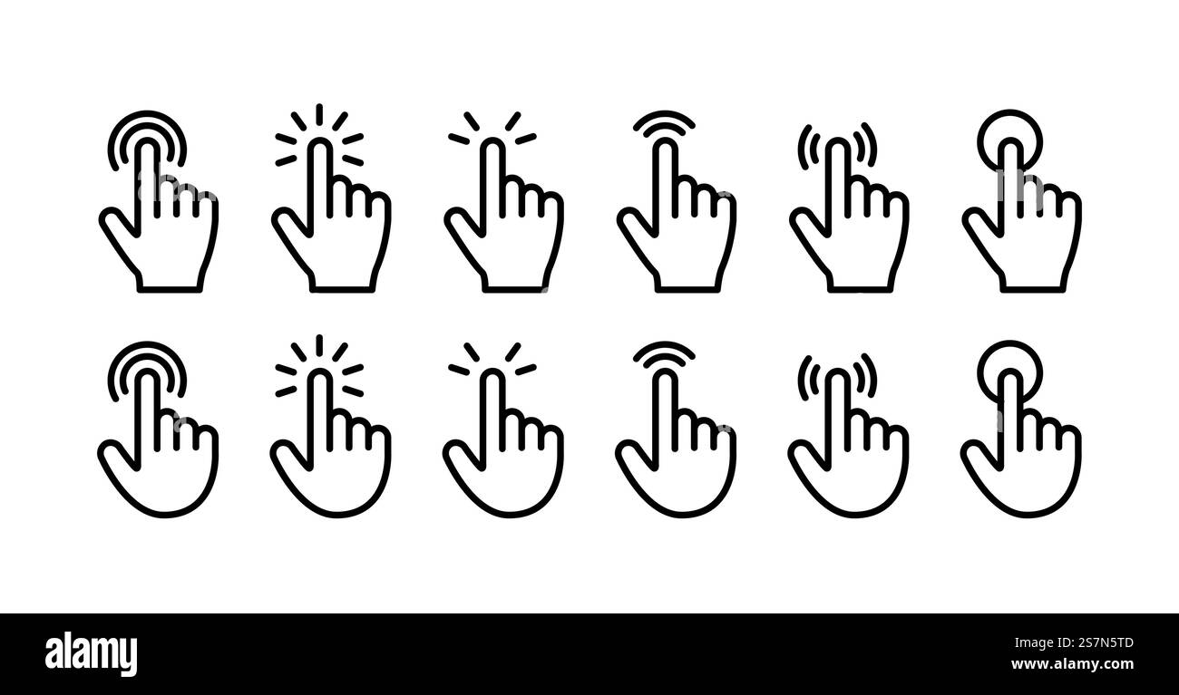 Index finger click icons set. Vector line style. Stock Vector