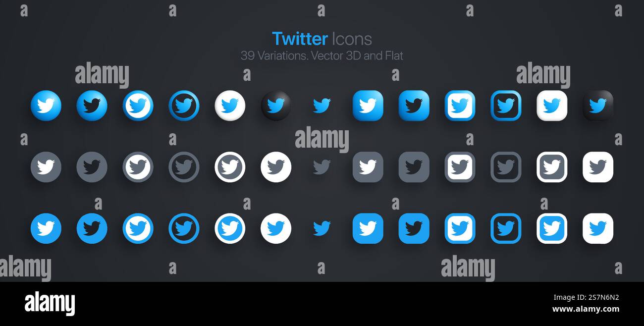 Twitter Icons Set Modern 3D And Flat In Different Variations Stock Vector