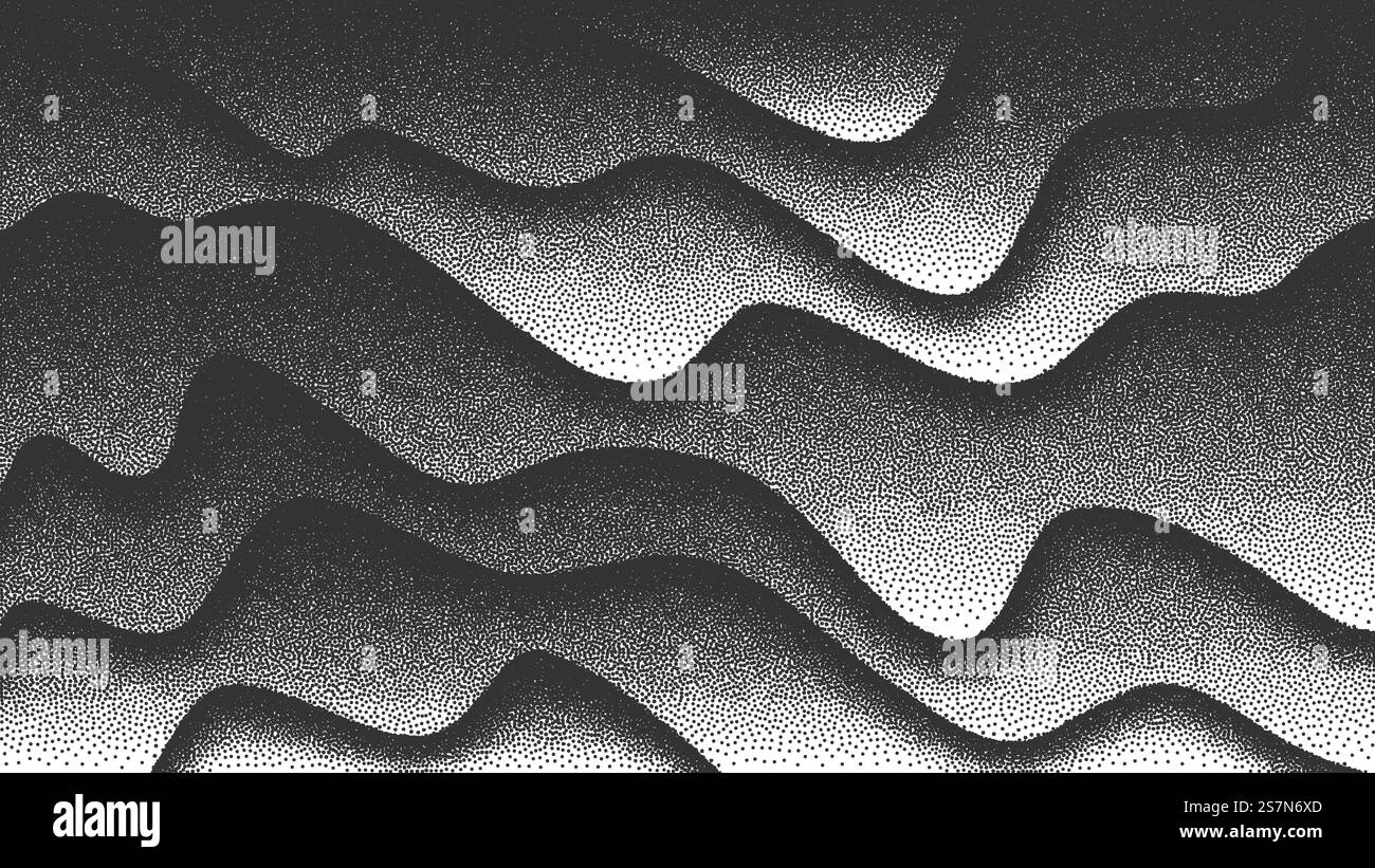 3D Abstract Vector Smooth Liquid Curved Lines Retro Style Dotwork Background. Hand Made Dotted Stippling Engraving Texture. Vector Smooth Lines Dotwork Background Stock Vector