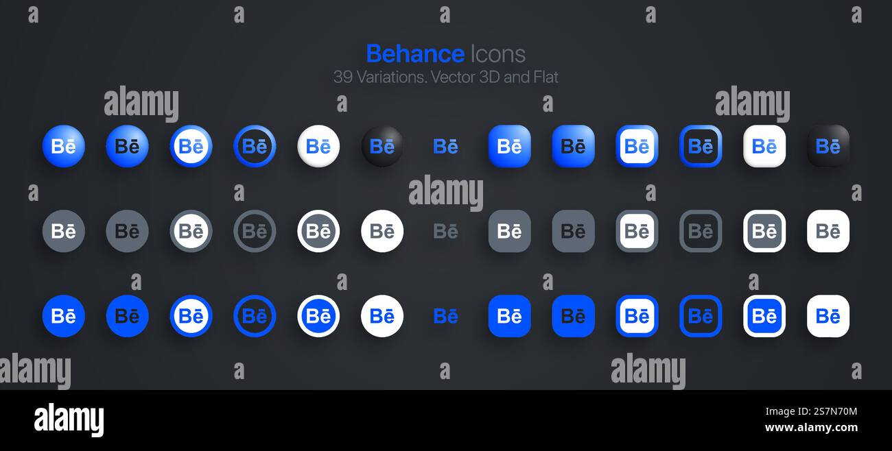 Behance Icons Set Modern 3D And Flat In Different Variations Stock Vector