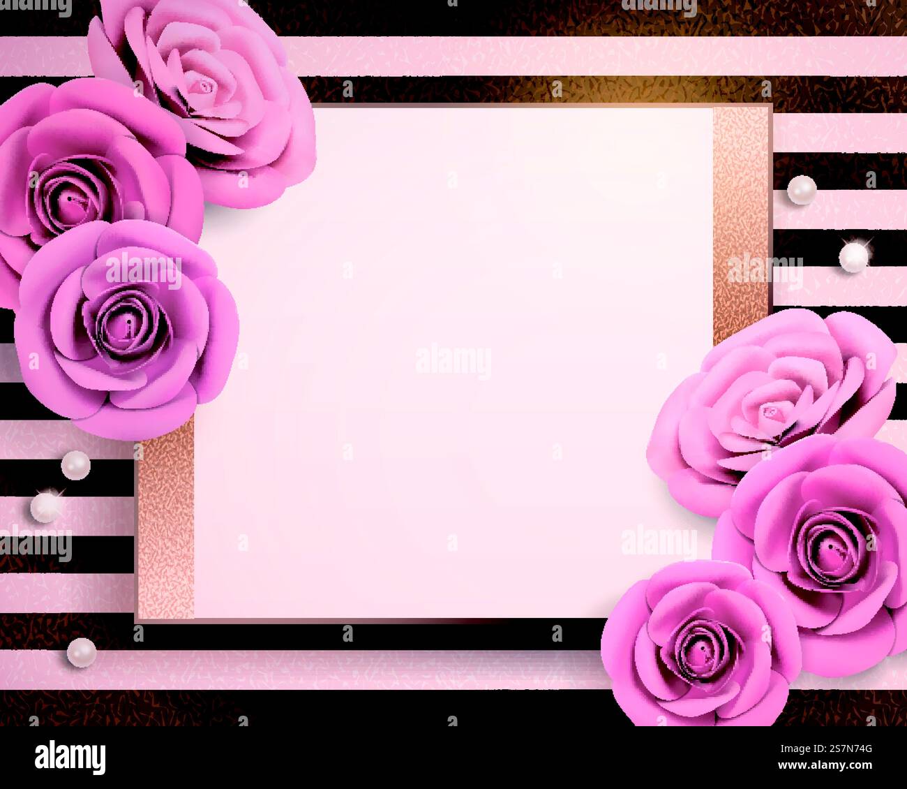 Paper roses with blank copy space on striped background, 3d ...