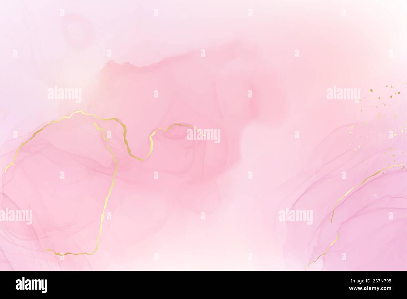 Abstract pink liquid watercolor background with golden stains and lines ...