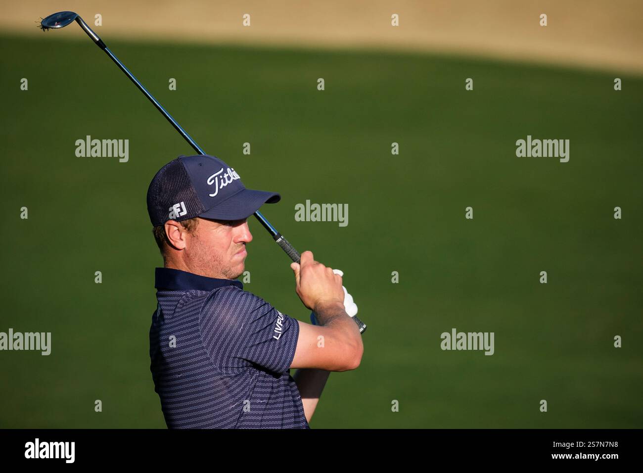 Justin Thomas hits from the 16th fairway at the Pete Dye Stadium Course