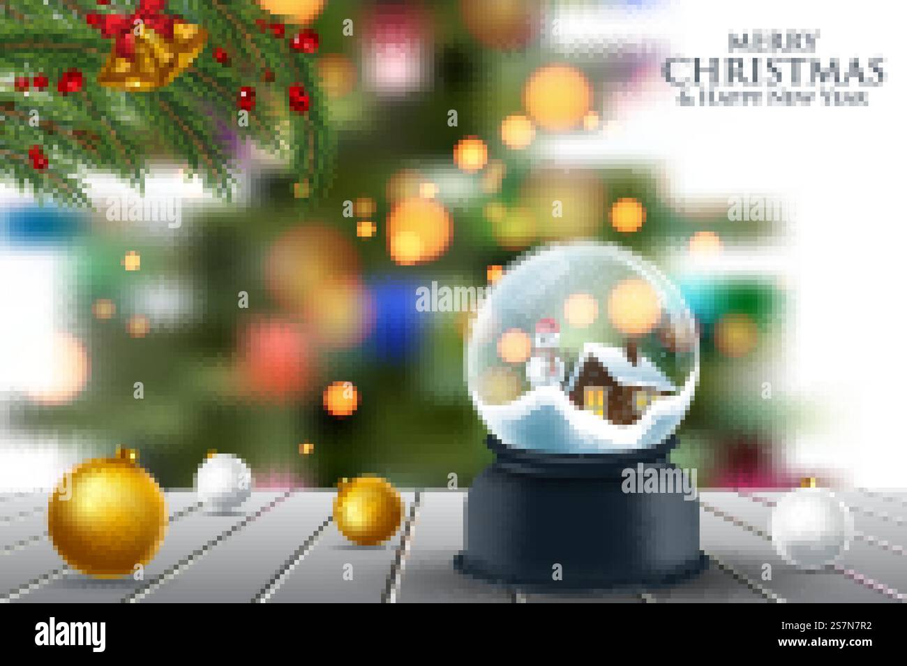 Vector christmas snowglobe on wood table on snowfalls background Stock Vector