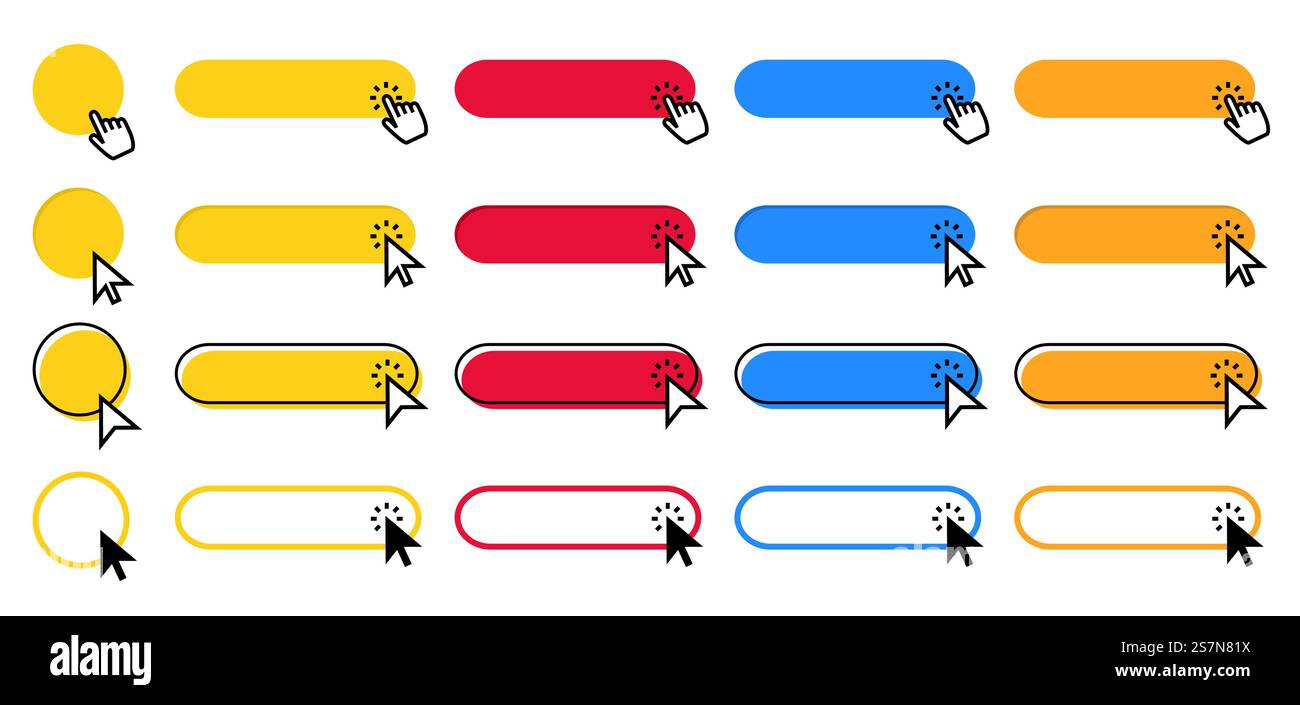Click button. Cursor pointer clicking on buttons, pointing hand clicks ...