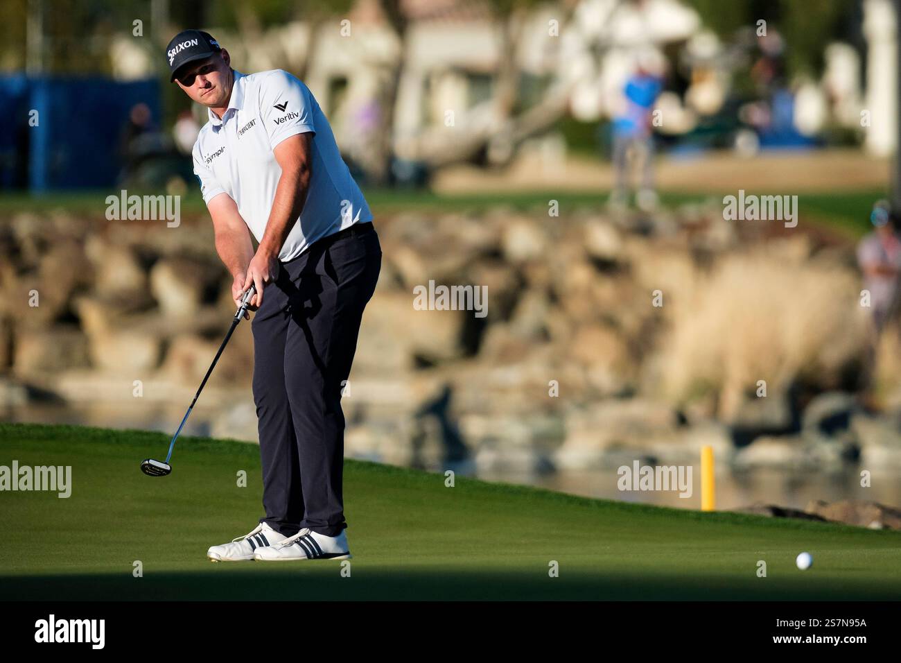 Sepp Straka watches his putt on the 17th hole at the Pete Dye Stadium