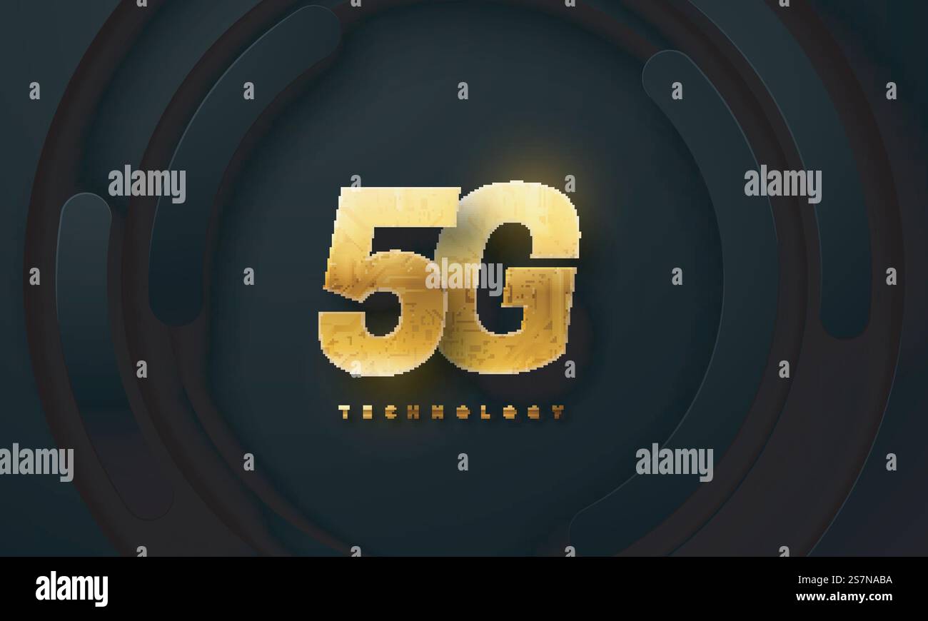 5G technology golden sign with circuit board texture on black geometric background Stock Vector