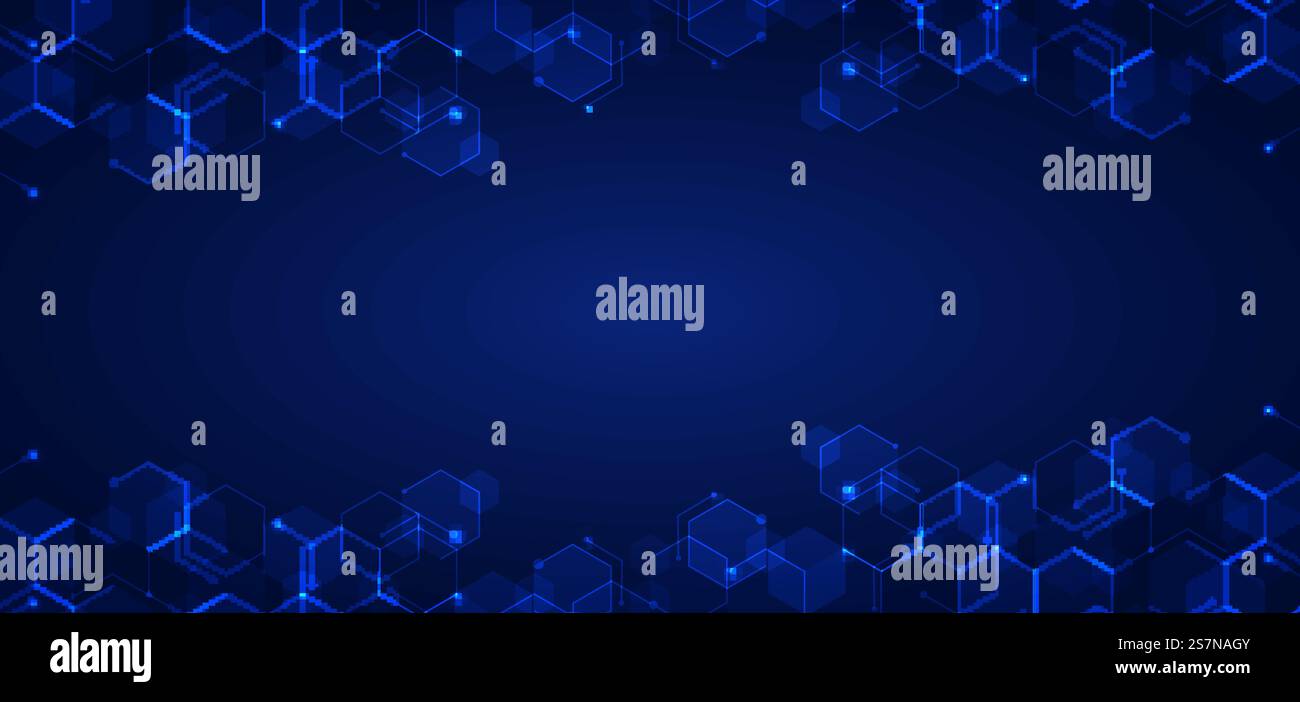 Abstract technology connect concept blue geometric hexagons pattern with glowing light on dark background. Medical, tech or science design. Vector illustration Stock Vector