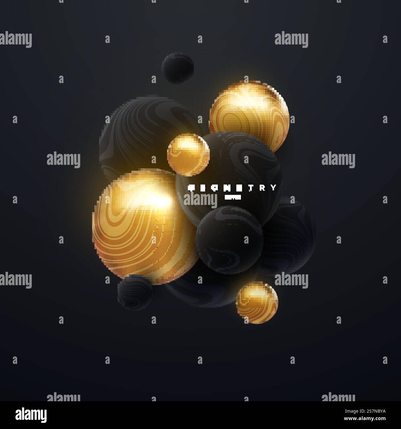Abstract background with 3d spheres cluster. Golden and black bubbles ...