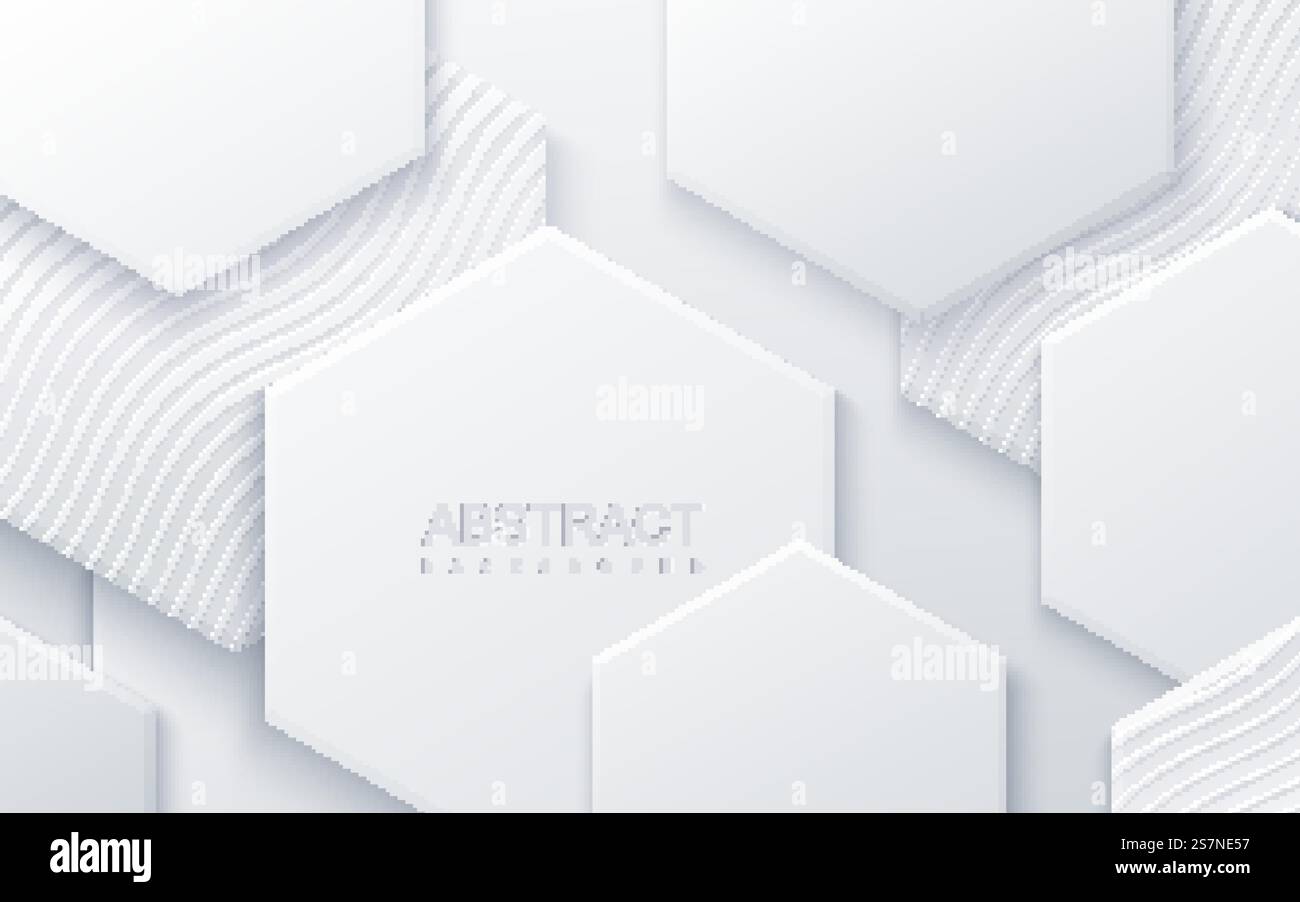 Abstract background with white hexagonal shapes and engraved wavy ...