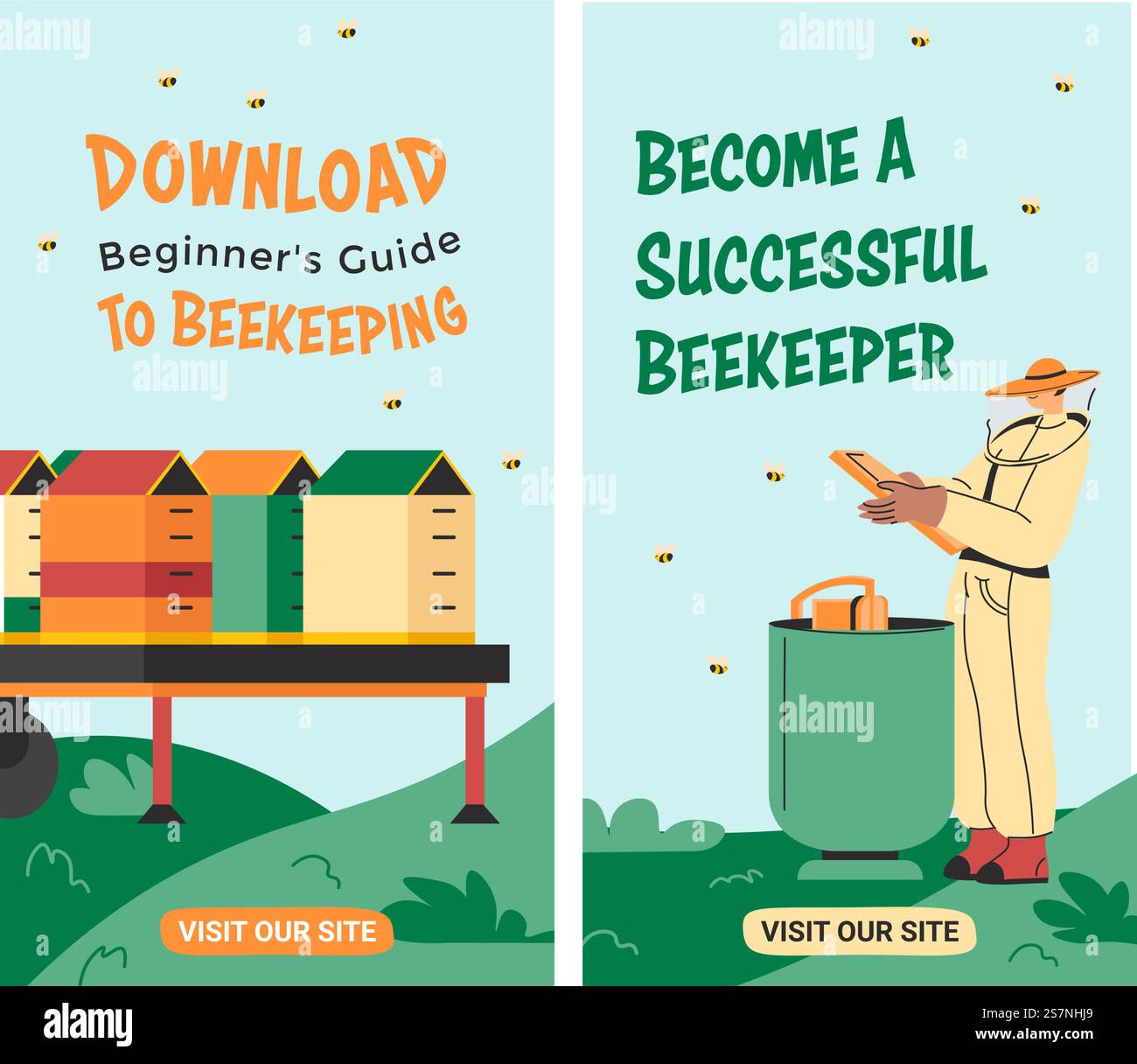 beginners guide to beekeeping, download instruction and become successful beekeeper. Visit our store for information and recommendation from specialists and professionals. Vector in flat style. Download beginners guide to beekeeping visit store Stock Vector