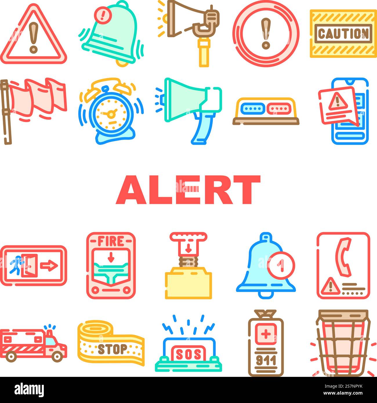 alert caution error danger icons set vector. security attention, exclamation risk, hazard mark, triangle safety alarm problem alert caution error danger color line illustrations. alert caution error danger icons set vector Stock Vector