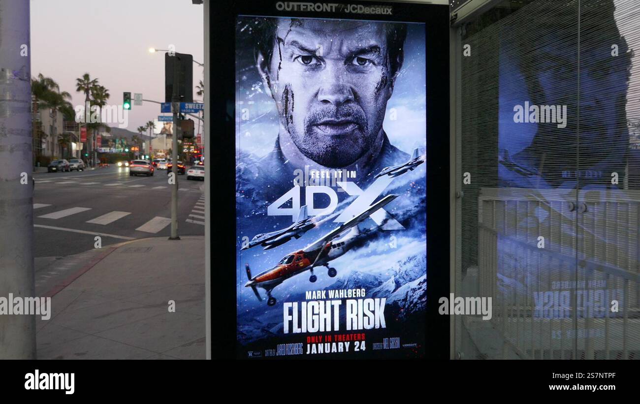 Los Angeles, California, USA 18th January 2025 Mark Wahlberg Flight Risk Bus Stop/Billboard on Sunset Blvd on January 18, 2025 in Los Angeles, California, USA. Photo by Barry King/Alamy Stock Photo Stock Photo