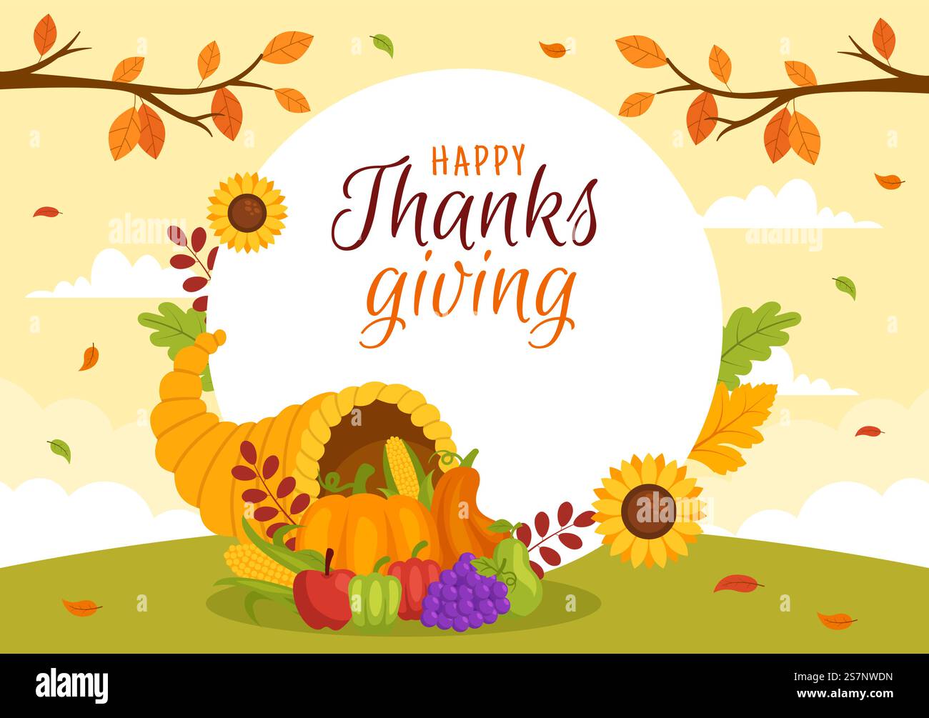 Happy Thanksgiving Day Vector Illustration with Turkey Bird, Pumpkin ...