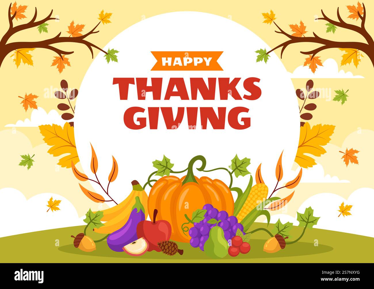 Happy Thanksgiving Day Vector Illustration with Turkey Bird, Pumpkin ...