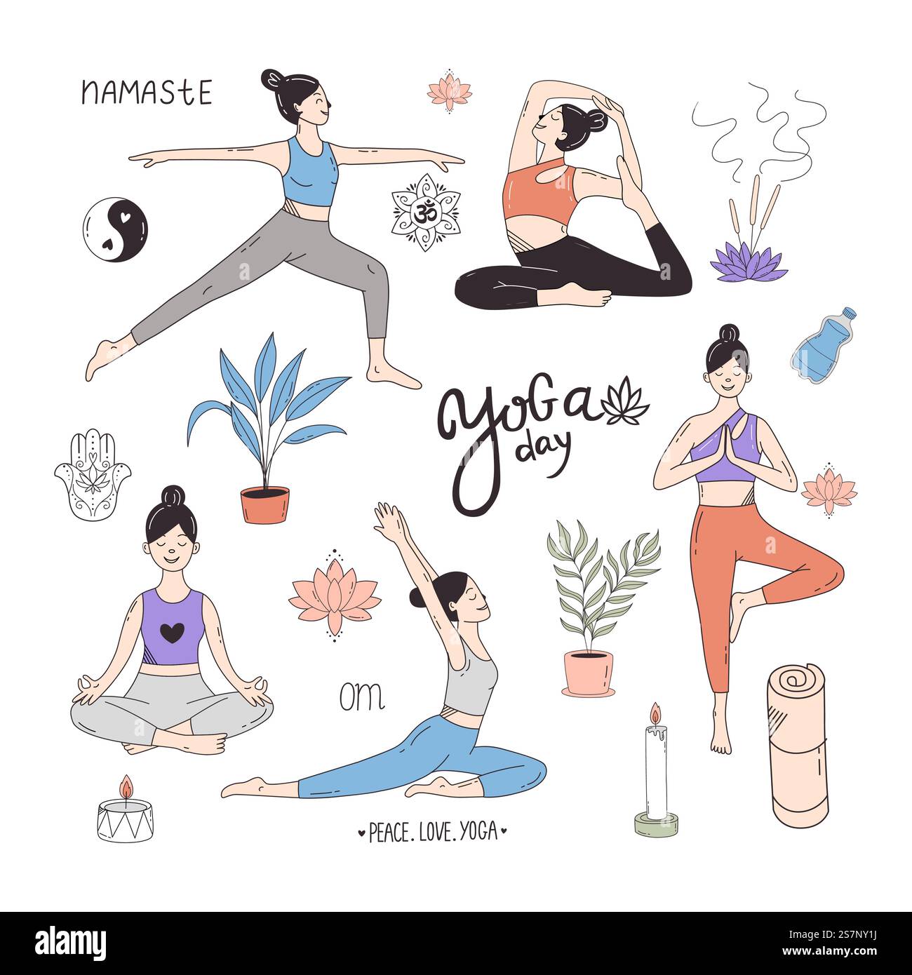 Yoga time elements set. Doodle set of women doing yoga. vector ...