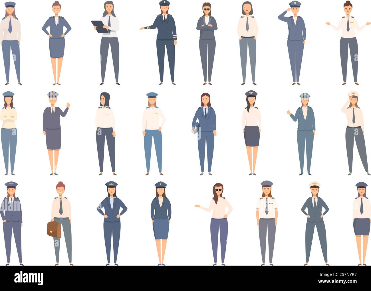 Female pilot icons set cartoon vector. Woman work. Airport plane. Female pilot icons set cartoon vector. Woman work Stock Vector