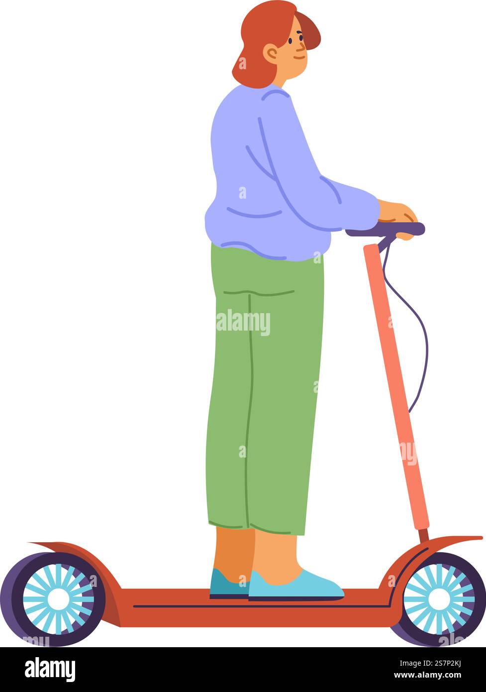 Electric scooter for city or town riding, isolated woman on segway. Female personage using ecologically friendly means of transportation. Alternative to cars and petrol vehicles. Vector in flat style. Eco transportation in city, electric scooters Stock Vector