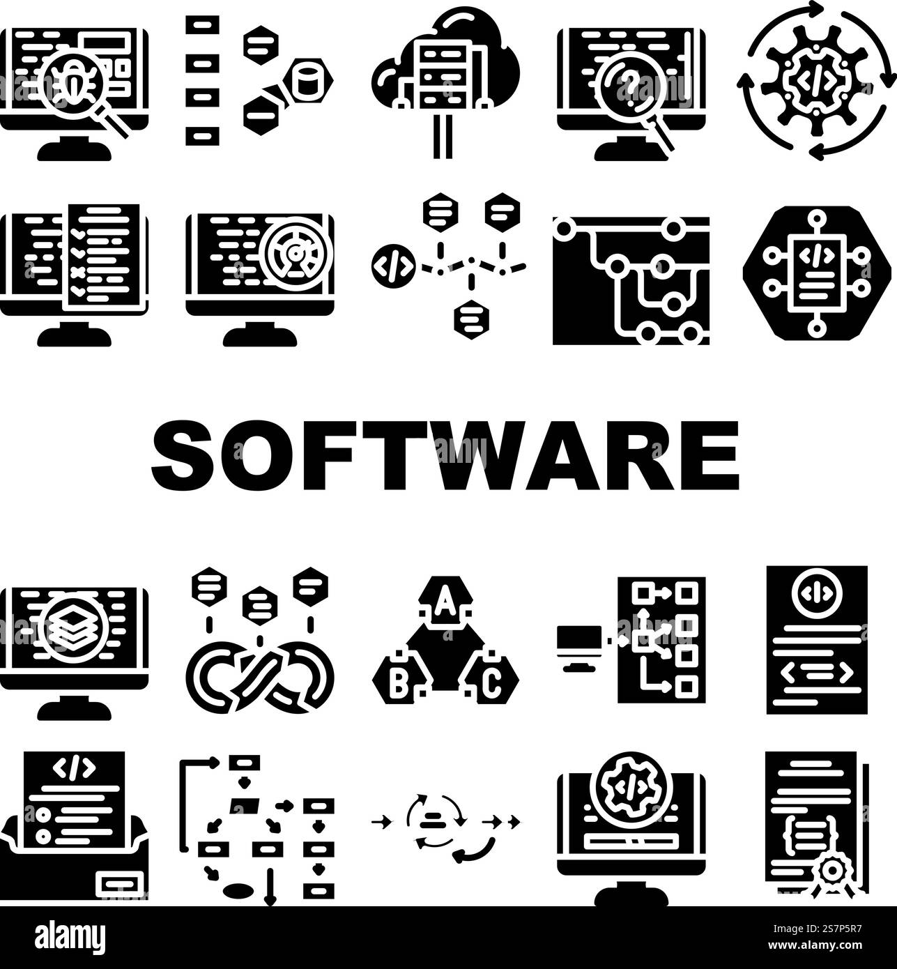 software compute, engineer icons set vector. code technology, office business, people man coder, work programmer website internet software compute, engineer glyph pictogram Illustrations. software compute, engineer icons set vector Stock Vector