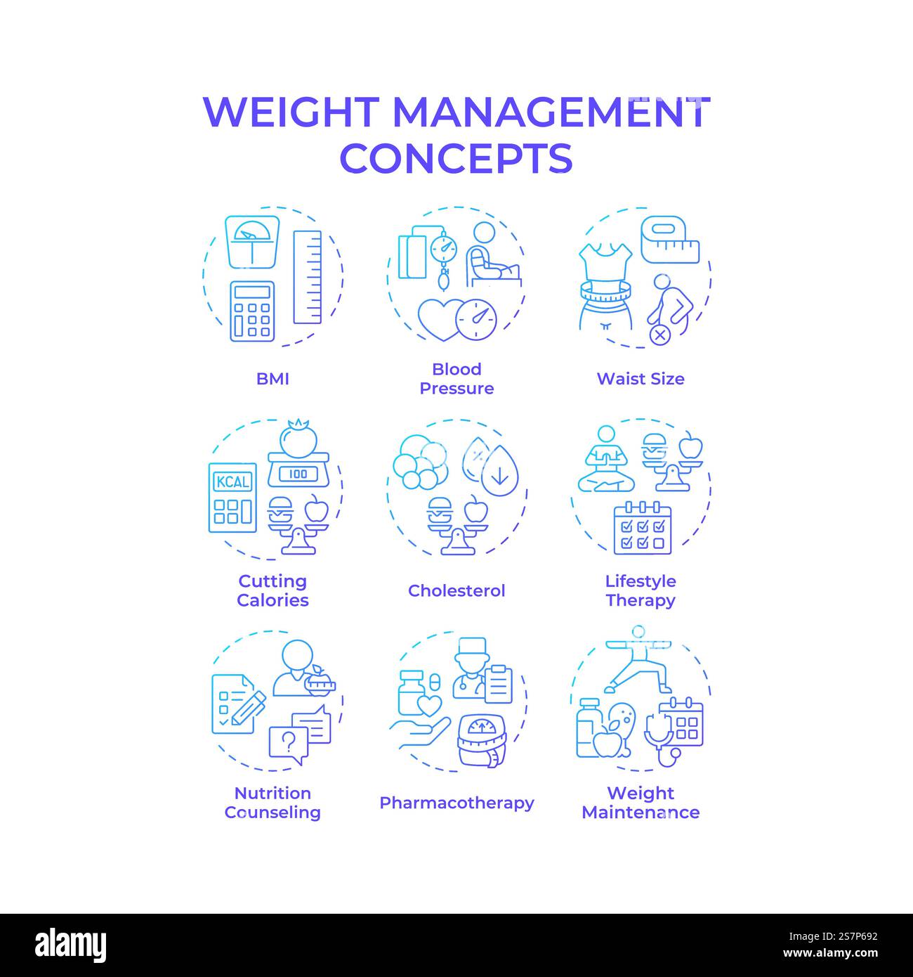Weight management blue gradient concept icons Stock Vector