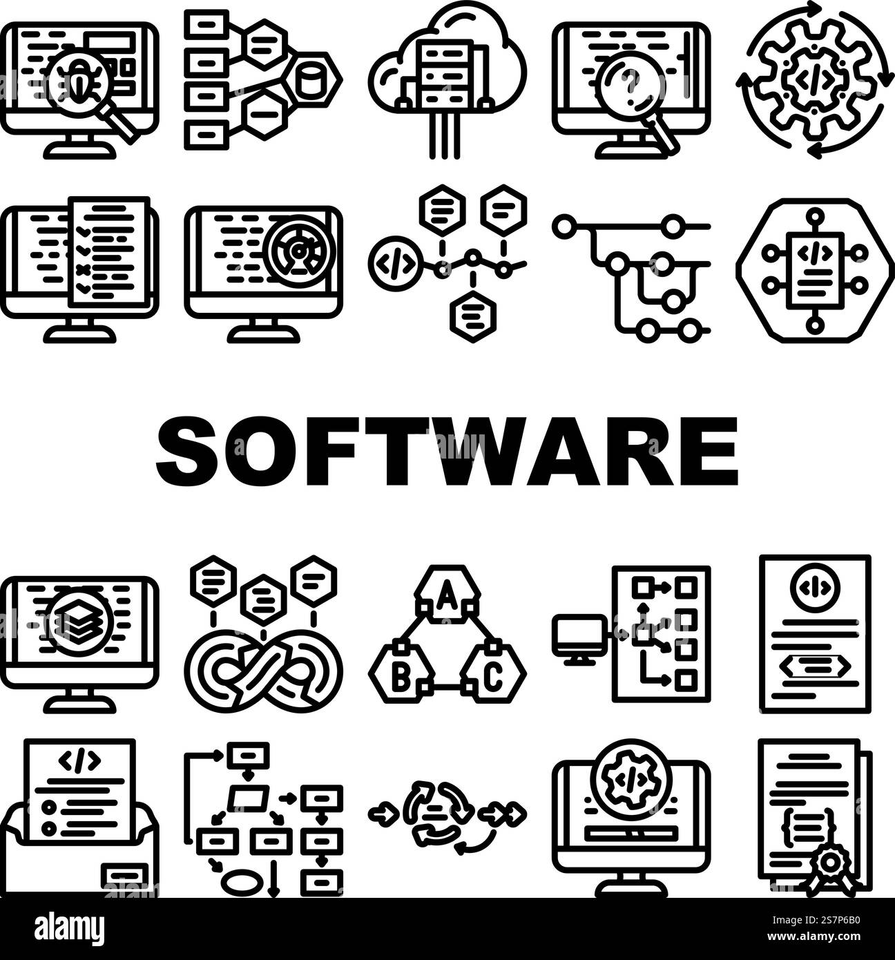software compute, engineer icons set vector. code technology, office business, people man coder, work programmer website internet software compute, engineer black contour illustrations. software compute, engineer icons set vector Stock Vector