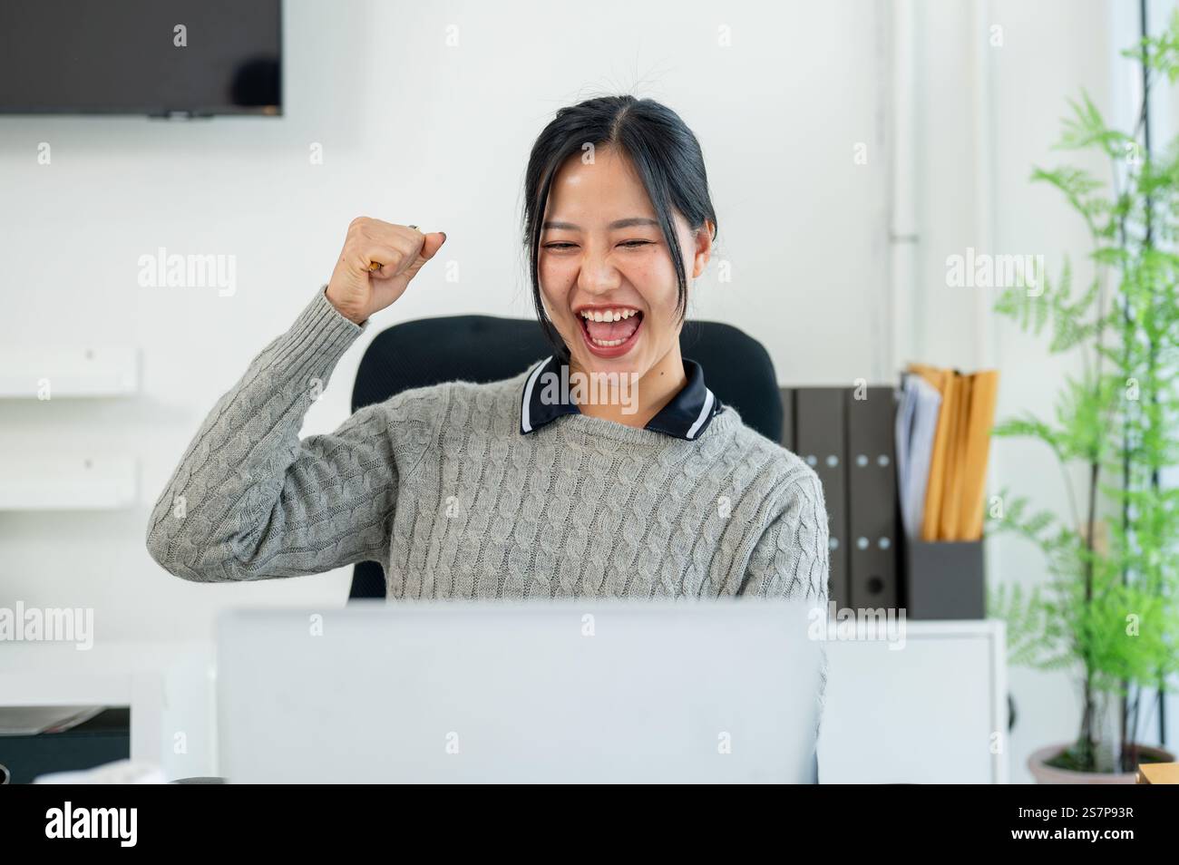 A cheerful, excited Asian businesswoman sits at her desk in the office ...