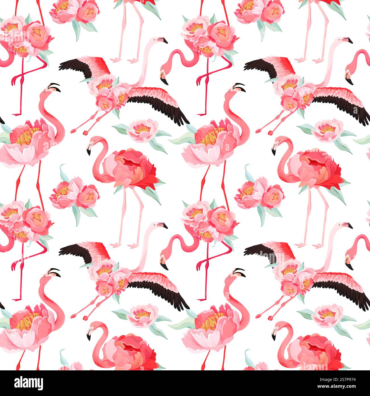 Tropical Flamingo seamless vector summer pattern with peony flowers ...