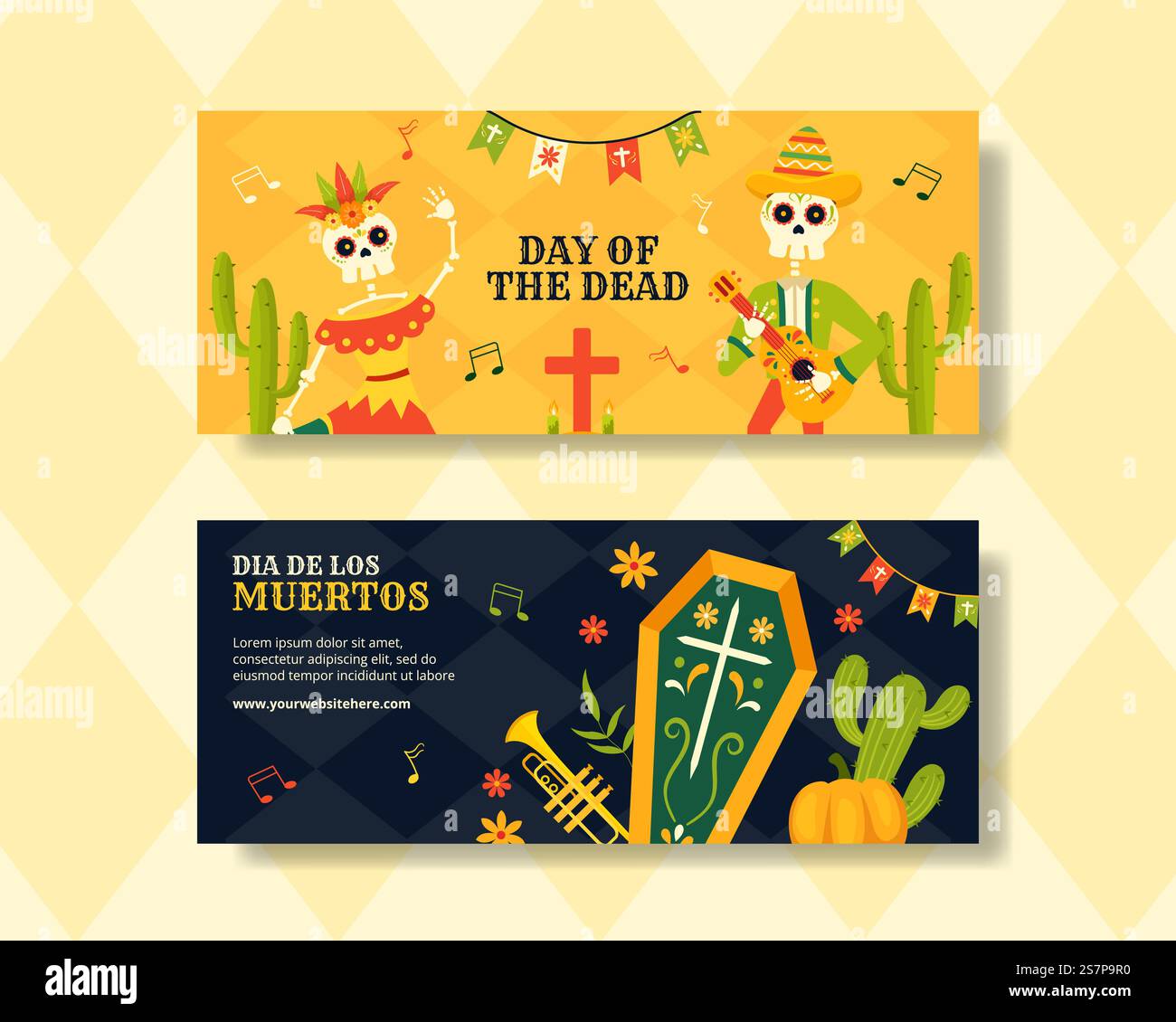 Dia de Los Muertos Horizontal Banner Illustration Flat Cartoon Hand